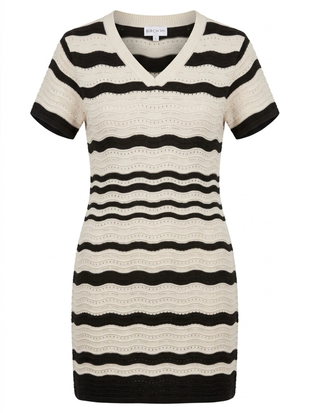 Striped V‑Neck Knit Mini Dress in Cream and Black